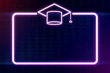 Poster - Neon sign with graduation cap icon within a rectangle, digital graphic, against a dark grid background, concept of education. 3D Rendering