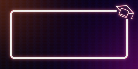 Poster - Neon-style frame with a glowing graduation cap icon on a dark abstract background, concept of creative education. 3D Rendering
