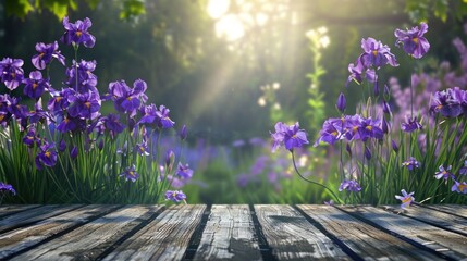 Wall Mural - Purple flowers in a garden on wooden table