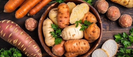 Exotic tubers in global cooking, unique and tasty, focus cover all  object, deep depth of field, no blur,