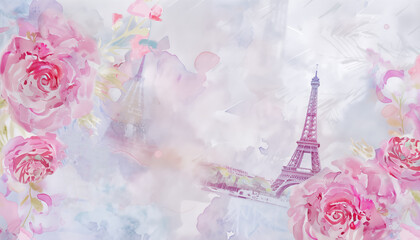 Paris with eiffel tower, pattern with peonies and monograms patterns watercolor background with empty space for text, minimalistic textured watercolor background pastel colors 