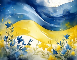 Wall Mural - Ukrainian flag with blue and yellow flowers. Watercolor painting