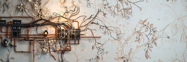 Poster - Abstract Art with Copper Pipes and Floral Design - A close-up abstract art piece featuring copper pipes and a floral design on a white background. The pipes are arranged in a complex pattern, creating