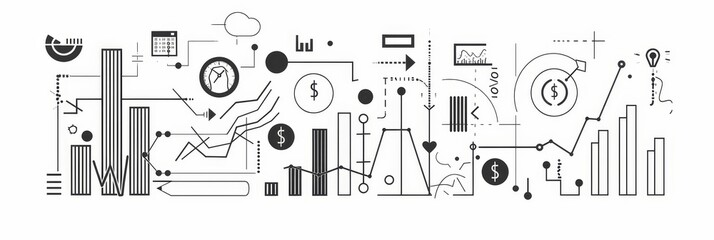 Poster - Abstract Business Diagram with Finance, Growth, and Strategy Symbols - A black and white abstract illustration depicting a business diagram with various finance, growth, and strategy symbols.