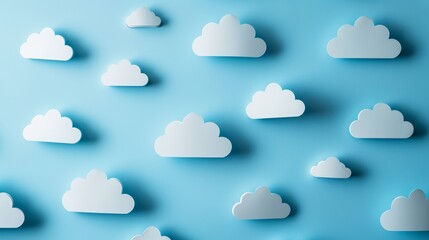 Poster - Abstract Cloud Pattern on a Blue Background - A minimalist image featuring a pattern of white paper clouds against a blue background, creating an abstract and visually appealing composition.