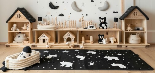 The white wall in the children's room featured Scandinavian style interior design, with wooden house toys and animal toys on the shelf, and a black rug with a white bear pattern on the floor