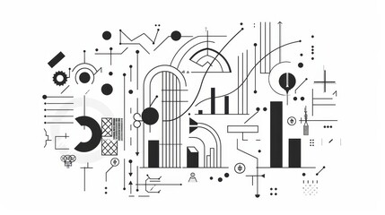 Poster - Abstract Geometric Design with Black and White Lines, Shapes, and Patterns - A minimalist abstract design featuring black and white geometric shapes, lines, and patterns. The design creates a visually