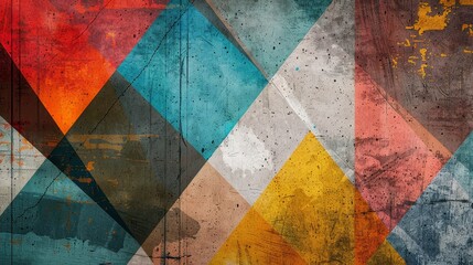 Poster - Abstract Geometric Background with Vibrant Colors and Vintage Texture - A digitally created abstract geometric background featuring a dynamic arrangement of colorful shapes and a vintage textured effe