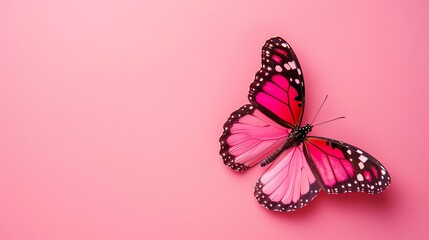 A bright pink butterfly with black markings on a pink background.