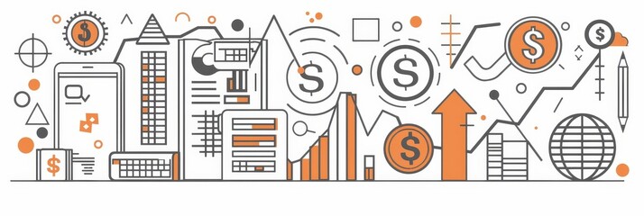 Poster - Business Growth and Financial Success: A Visual Representation - An illustration depicting business growth and financial success with various icons and graphs.  The orange and gray color scheme adds a
