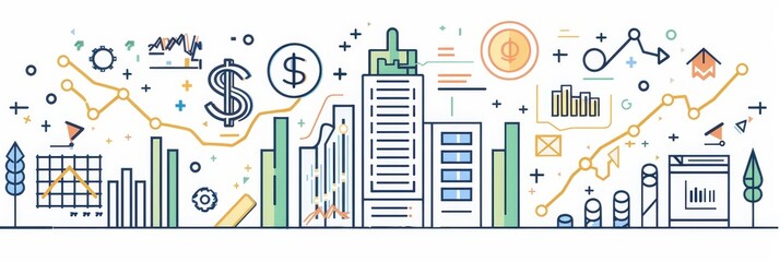 Poster - Business Growth and Financial Success Illustration - A colorful illustration depicting business growth, financial success and data analysis. The image showcases upward trends, charts and graphs, and d