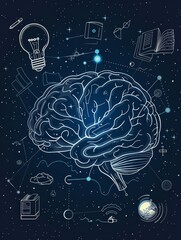 Poster - Brain Power Illustration - Illustration of a brain with various symbols surrounding it representing intelligence, knowledge, creativity, and innovation.