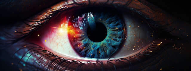 Close-up of a Human Eye with Vibrant Blue Iris and Glowing Patterns