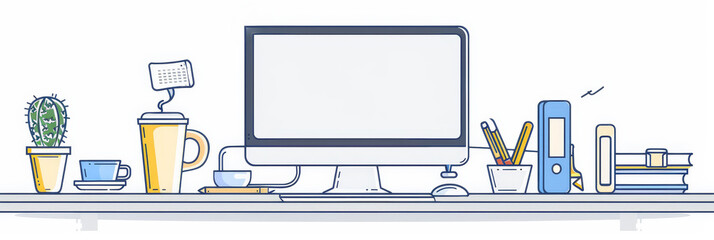 Poster - Clean Minimalist Desk Illustration - Illustration of a clean and minimalist workspace with a computer, a cactus, and other office supplies.