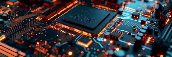 Poster - Close-up of a Circuit Board with Illuminated Components - A close-up image of a circuit board with illuminated components, showcasing the intricate details of modern technology.