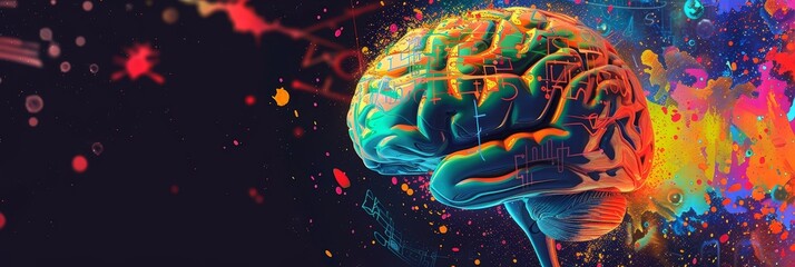 Poster - Colorful Brain Illustration - An illustration of a human brain surrounded by colorful splashes and abstract patterns.