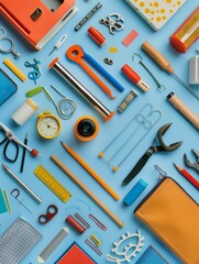 Poster - Colorful Tools and Objects Arranged on a Blue Background - A flat lay image showcasing a colorful assortment of tools and objects arranged on a bright blue background, creating a visually appealing an