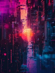 Poster - Cyberpunk Cityscape - A digital cyberpunk cityscape with neon lights and a glowing sun in the distance.