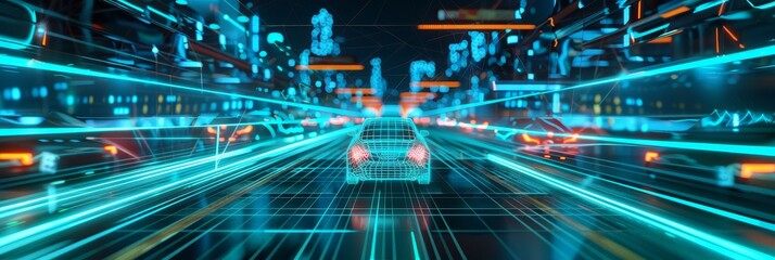 Poster - Futuristic Cityscape with a Self-Driving Car - A futuristic cityscape with a self-driving car speeding down a digital highway, glowing lines and neon lights create an ethereal atmosphere.