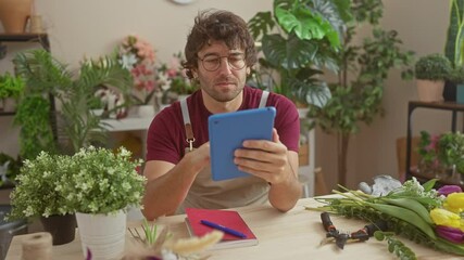 Poster - A smiling hispanic man with glasses and a beard using a tablet in a colorful flower shop with plants in the background.