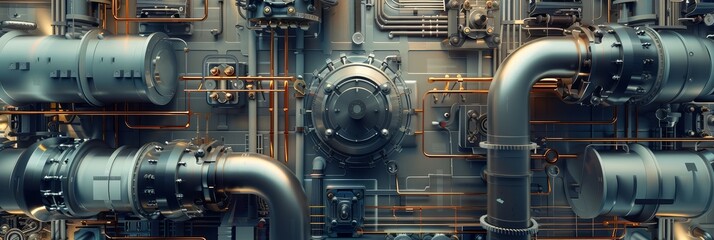Poster - Industrial Machinery Abstract: A futuristic vision of intricate machinery, with copper pipes and silver metal elements, showcasing the beauty of intricate design and complex engineering. - A futuristi