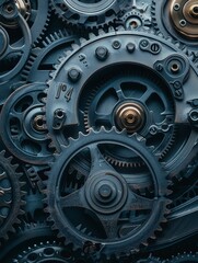 Poster - Interlocking Gears: The Essence of Precision Engineering - A close-up view of intricate gears, showcasing the complexity and precision of mechanical engineering. The interplay of metal and design emph