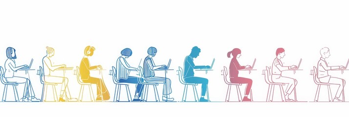 Wall Mural - Line Art Illustration of People Working on Laptops - A simple line art illustration depicting a group of people sitting at desks working on their laptops, showcasing a sense of teamwork and focus.