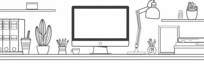 Poster - Minimalist Illustration of a Modern Workspace - A minimalist illustration of a modern workspace with a computer monitor, desk lamp, plants, and other office accessories.