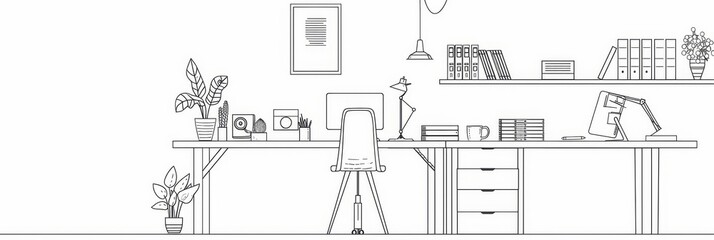Poster - Minimalist Modern Office Workspace - A minimalist and modern illustration of an office workspace featuring a desk with a computer, a chair, a desk lamp, plants, and shelves.