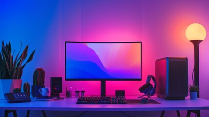 Poster - Modern Gaming Setup with Neon Lights - A modern gaming setup with neon lights.  The setup includes a computer, a monitor, a keyboard, a mouse, headphones, speakers, and a lamp.