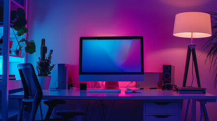 Poster - Modern Home Office with Neon Lights - A modern home office with a computer on the desk, a desk lamp, and plants. The room is illuminated with neon lights, creating a stylish and vibrant atmosphere.