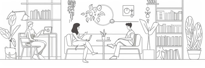 Wall Mural - Modern Office Interior Design with People Working - A modern office interior with three people working, featuring minimalist line art style, furniture, plants and bookshelves