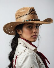 Wall Mural - beautiful cowboy woman side view portrait on plain white background