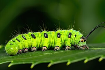 Wall Mural - Close-up macro shot of vibrant green caterpillar on leaf with natural light highlighting detailed body