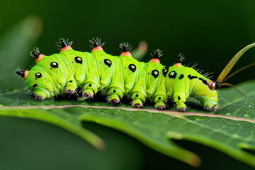 Wall Mural - Close-up Macro Shot of Vibrant Green Caterpillar on Leaf with Natural Light Detailing Body