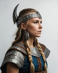 Wall Mural - young beautiful viking woman side view portrait on plain white background