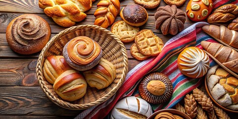 Poster - Assorted traditional Mexican bakery featuring a variety of sweet bread items , Mexican, bakery, sweet bread, pan dulce