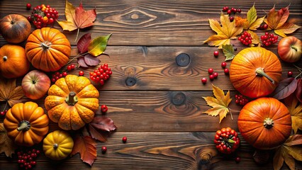 Wall Mural - Autumn background with pumpkins, leaves and berries, fall, seasonal, harvest, Thanksgiving, orange, foliage, autumnal, rustic