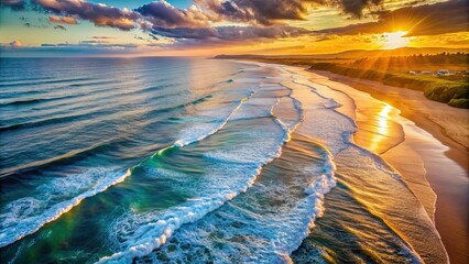 Sticker - Aerial view of stunning ocean waves and beach during sunset, aerial, view, ocean, waves, beach, sunset, water, sea, coastline