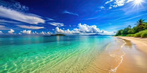 Sticker - Beautiful beach scene with crystal clear blue skies and calm waters, beach, sand, clear sky, ocean, water, waves, tranquil