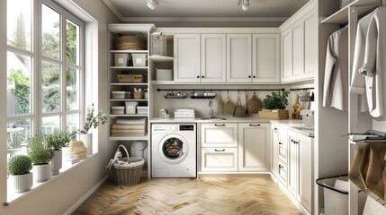 Canvas Print - Modern Laundry Room with White Cabinets and a Window.