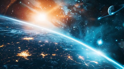 Poster - Futuristic backdrop with shades of blue and black. Abstract design with a sunrise. Rockets and satellites circling Earth. Glowing energy beams with moving particles. Science and technology.