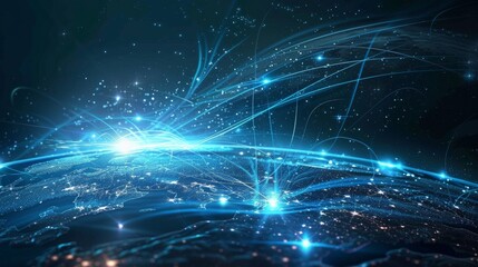 Poster - Futuristic backdrop with shades of blue and black. Abstract design with a sunrise. Rockets and satellites circling Earth. Glowing energy beams with moving particles. Science and technology.