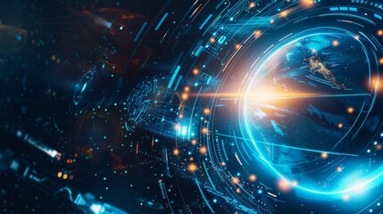 Poster - Futuristic backdrop with shades of blue and black. Abstract design with a sunrise. Rockets and satellites circling Earth. Glowing energy beams with moving particles. Science and technology.