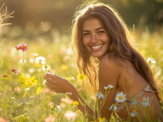 Poster - A woman is sitting in a field of flowers, smiling and holding a flower. Concept of happiness and relaxation, as the woman is enjoying the beauty of nature and the simple pleasure of holding a flower