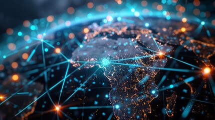 Poster - Internet connectivity across the world. World map with points and lines shows global business concept.