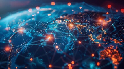 Poster - Internet connectivity across the world. World map with points and lines shows global business concept.