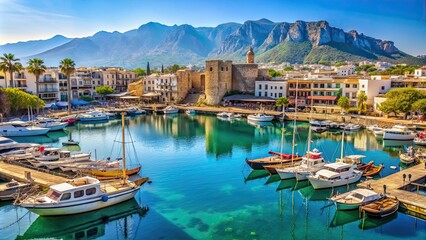 Sticker - Beautiful Kyrenia marina in Cyprus with boats docked on a sunny day, Kyrenia, marina, Cyprus, boats, docked