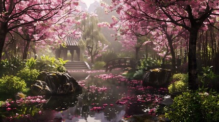 Wall Mural - Serene Japanese Garden with Blooming Cherry Blossoms