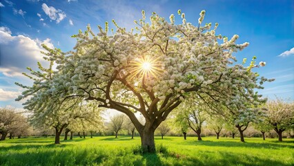 Canvas Print - Apple tree in full bloom on a sunny spring day, nature, flowers, spring, blooming, sunlight, sunny, orchard, fruit, trees, beauty, growth